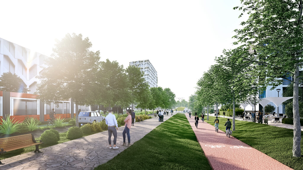 Arhitektuuriline illustratsioon, kus pildi keskel on jalakäijate tee, kus kõnnivad inimesed; paremal on lai punase kattega rattatee ja kõige vasakul piilub autotee. Kõigi teede ümber on mitu meetrit rohelust, muru ja kõrghaljastus. Tänava ääres paistab kohvik. Taamal paistavad üksik natuke kõrgem maha. Pilt on vöökõrguselt.