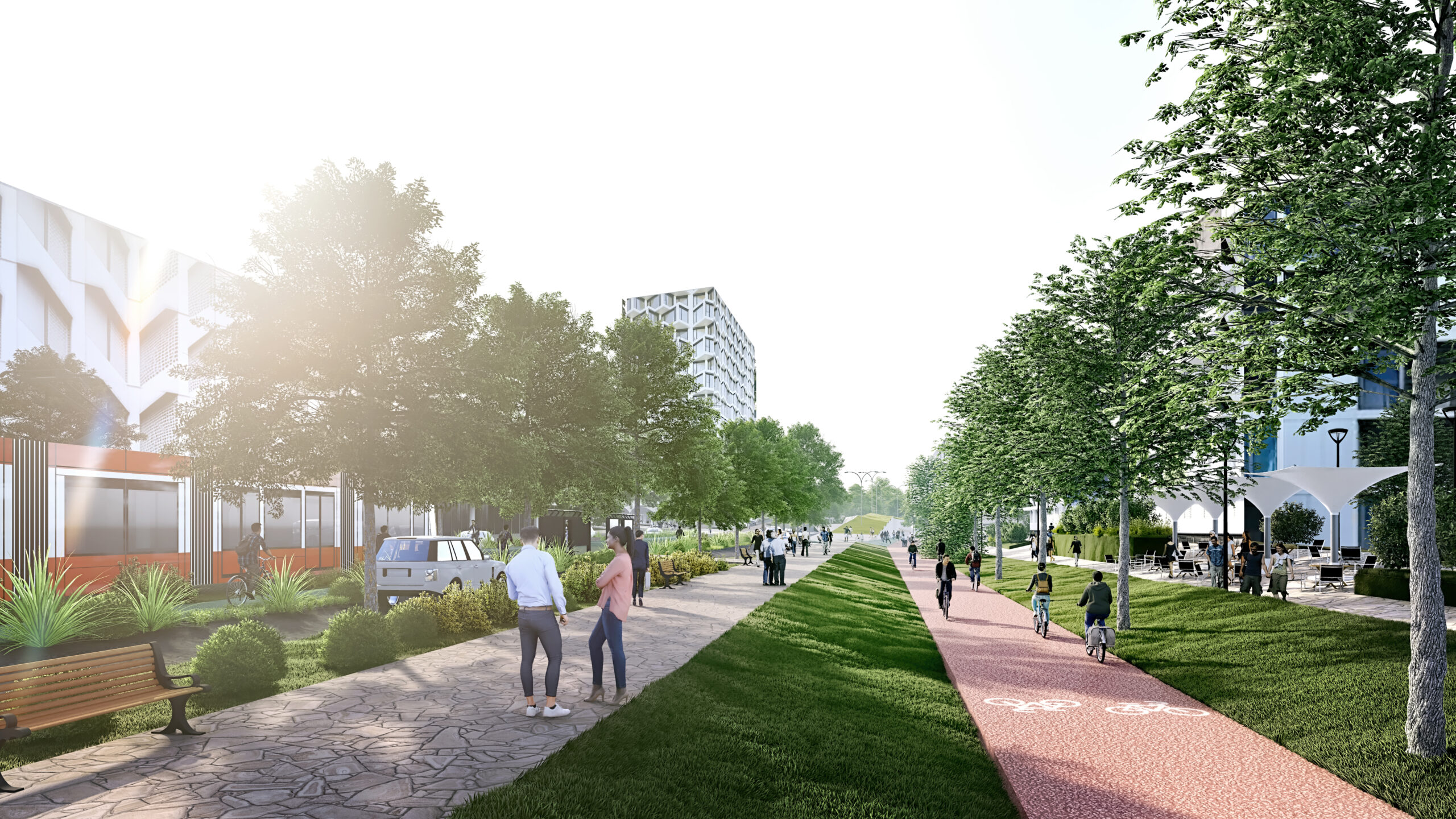 Arhitektuuriline illustratsioon, kus pildi keskel on jalakäijate tee, kus kõnnivad inimesed; paremal on lai punase kattega rattatee ja kõige vasakul piilub autotee. Kõigi teede ümber on mitu meetrit rohelust, muru ja kõrghaljastus. Tänava ääres paistab kohvik. Taamal paistavad üksik natuke kõrgem maha. Pilt on vöökõrguselt.